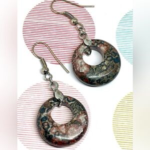 Gray Red Brown Leopard Skin Jasper Stone Dangle Hoops Hoop Earrings Earth Tones